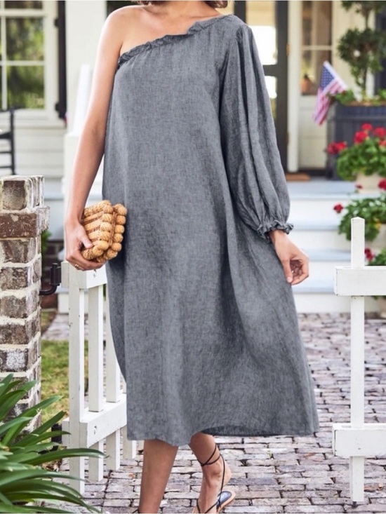 LAKE Dresses & Skirts - Lake Milly One Shoulder 100% Linen Midi Dress Medium Navy Oversized Pockets